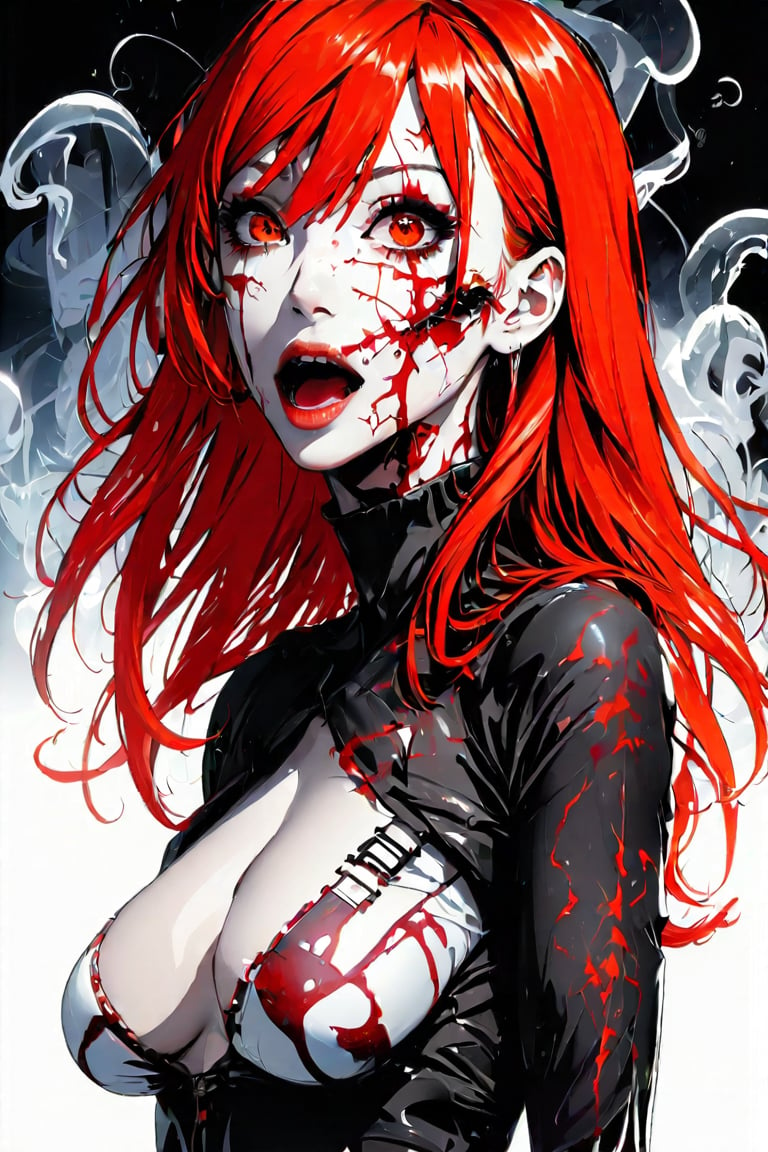 A crisp, clear, anime portrait of a sadistic women. Horror, nightmare, bloody, detailed, intricate, clear eyes. Black on white smoke layer, Crisp image, extremely detailed, sci-fi, fantasy, Clear, high resolution, 32k resolution , futuristic, hyperrealistical woman with red hair sticking out her tongue, ahegao, ahegao face, large tongue, auroracore, long braided orange red hair, complex redhead braided hair, belle delphine, tongue, jenny seville, out, redhead girl, drunk cowboy redhead long hair, long tongue, trending on patreon, patreon content, orange hair bow