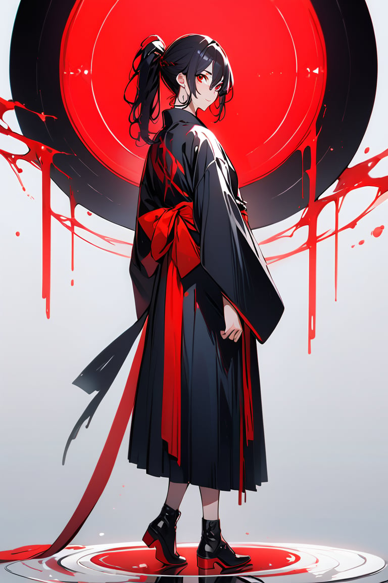 Black-haired boy tied in a ponytail, red eyes, black yukata, full body.