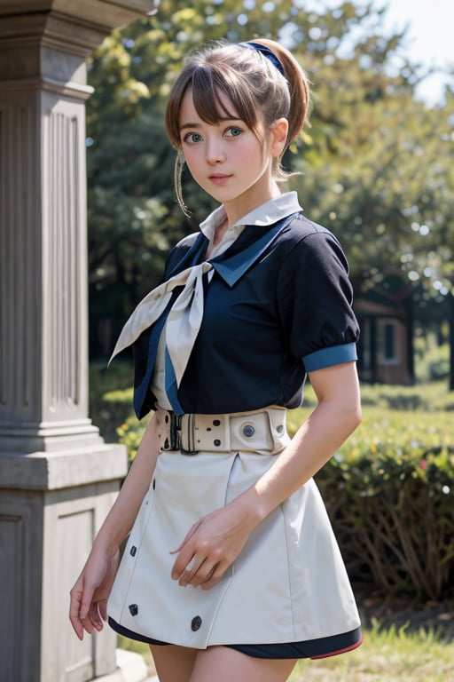 Realistic, (masterpiece, best quality:1.2), ultra detailed, beautiful girl, slender body, perfect body, solo, 1girl, intrepid, ponytail, bangs, blue eyes, blush,black shirt,grey neckerchief,white skirt