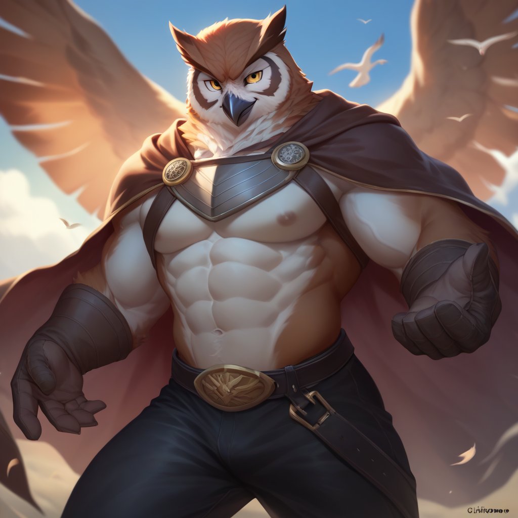 score_9, score_8_up, score_7_up,
  Anthro, owl, bird, muscular, gold eyes, , brown feathers, white feathered chest, 
8K, In'ei, chiaroscuro, depth of field, side lighting, cinematic lighting, clear_eyes,
perfect hands, perfect proportions, 6abs, peak physical perfection, perfect male physique, sexy muscular body, 
dynamic pose, detailed anime background, detailed photographic fluffy anime clouds, perfect hands, clever, charismatic, alluring and handsome, inviting smile, brash, masterful manipulator, ((leather breastplate)), tattered cape, black pants,  
BREAK zPDXL, zPDXLxxx, bnav5 style,