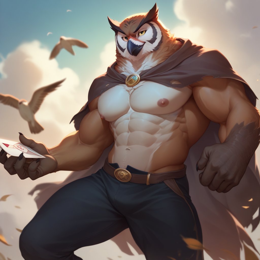 score_9, score_8_up, score_7_up,
  Anthro, owl, bird, muscular, gold eyes, , brown feathers, white feathered chest, 
8K, In'ei, chiaroscuro, depth of field, side lighting, cinematic lighting, clear_eyes,
perfect hands, perfect proportions, 6abs, peak physical perfection, perfect male physique, sexy muscular body, 
dynamic pose, detailed anime background, detailed photographic fluffy anime clouds, perfect hands, clever, charismatic, alluring and handsome, inviting smile, brash, masterful manipulator, tattered cape, (scale mail top), black pants,  
BREAK zPDXL, zPDXLxxx,    bnav5 style,