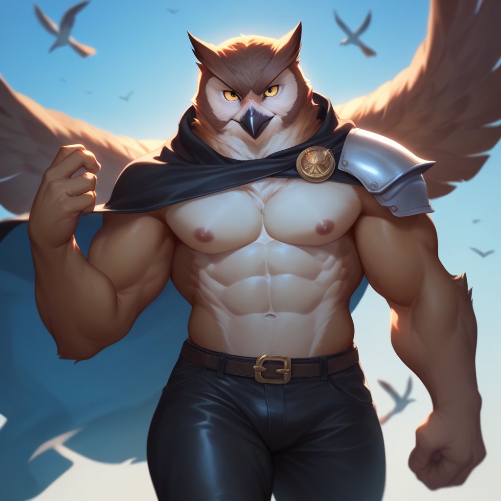 ((leather breastplate)), score_9, score_8_up, score_7_up,
Anthro, owl, bird, muscular, gold eyes, , brown feathers, white feathered chest, 
8K, In'ei, chiaroscuro, depth of field, side lighting, cinematic lighting, clear_eyes,
perfect hands, perfect proportions, 6abs, peak physical perfection, perfect male physique, sexy muscular body, 
dynamic pose, detailed anime background, detailed photographic fluffy anime clouds, perfect hands, clever, charismatic, alluring and handsome, inviting smile, brash, masterful manipulator, tattered cape, black pants,  
BREAK zPDXL, zPDXLxxx, bnav5 style,