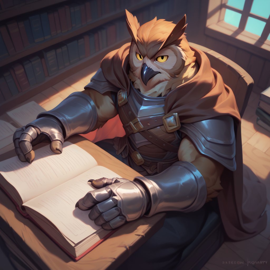 score_9, score_8_up, score_8, score_7_up, 8k, high quality, anthro, POV, from above, Dynamic angle, anthro, 1men, Owl, magic knight, (leather armor, tattered cape, magic gauntlets), yellow eyes, brown feathers, magical tome, male, anthro, reading, sitting, laying back, (rugged appearance, scruffy), serene, calm, daytime,  inside, library background, masterpiece, best quality, highly detailed, (perfect eyes:1.1)
    