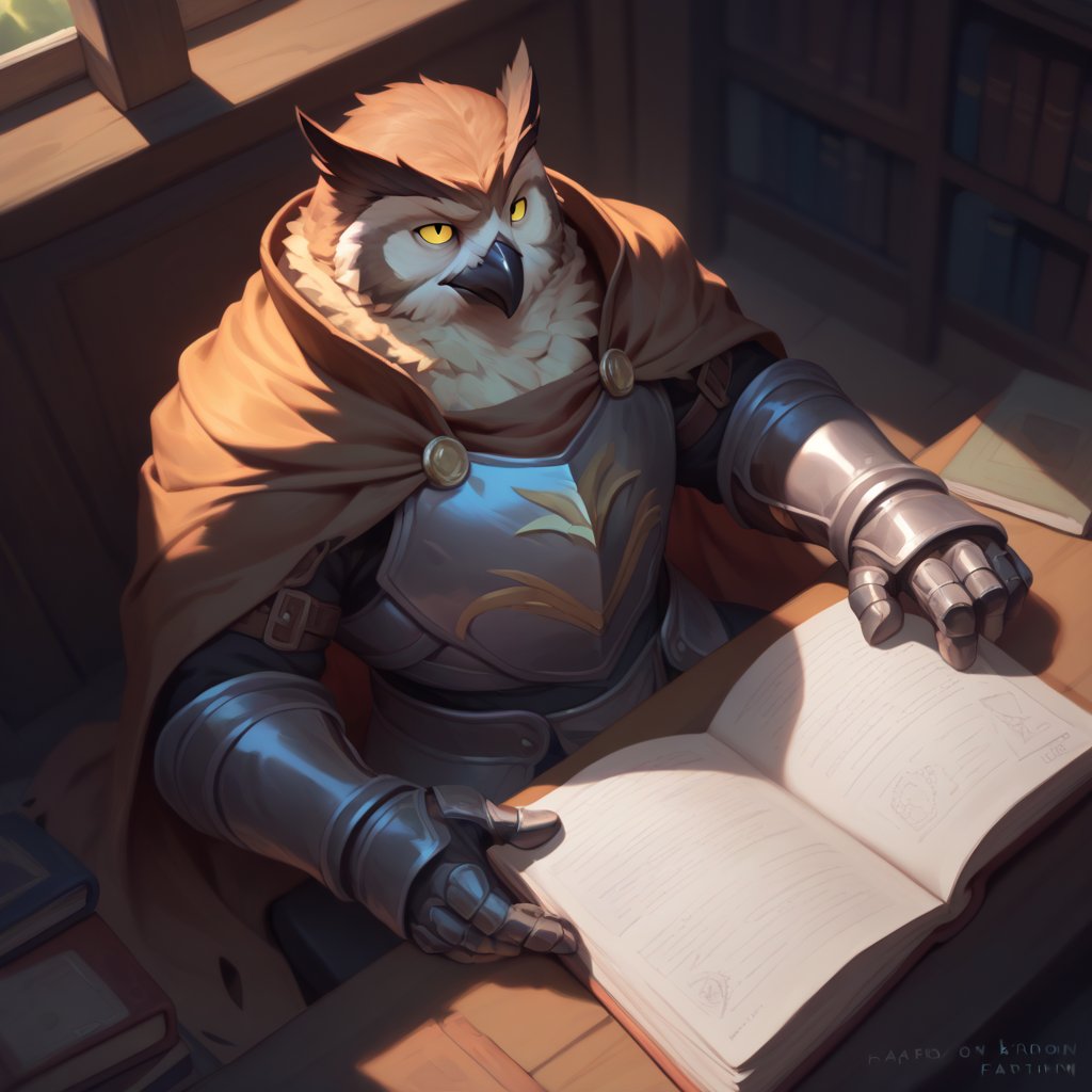 score_9, score_8_up, score_8, score_7_up, 8k, high quality, anthro, POV, from above, Dynamic angle, anthro, 1men, Owl, magic knight, (leather armor, tattered cape, magic gauntlets), yellow eyes, brown feathers, magical tome, male, anthro, reading, sitting, laying back, (rugged appearance, scruffy), serene, calm, daytime,  inside, library background, masterpiece, best quality, highly detailed, (perfect eyes:1.1)
    