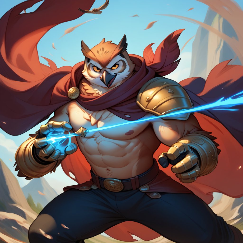 fighting, mid battle, slaying demons, score_9, score_8_up, score_7_up, Anthro, owl, muscular, brown feathers, gold eyes, perfect hands, tattered cape, magic gauntlets, leather rune armor, black pants, alluring, handsome, evil, beak, evil sexy smirk, fluffy body, white chest, scruffy, charismatic, brash dynamic pose, master manipulator, detailed anime background, chiaroscuro, In'ei, 8k, masterclass color theory, zPDXL