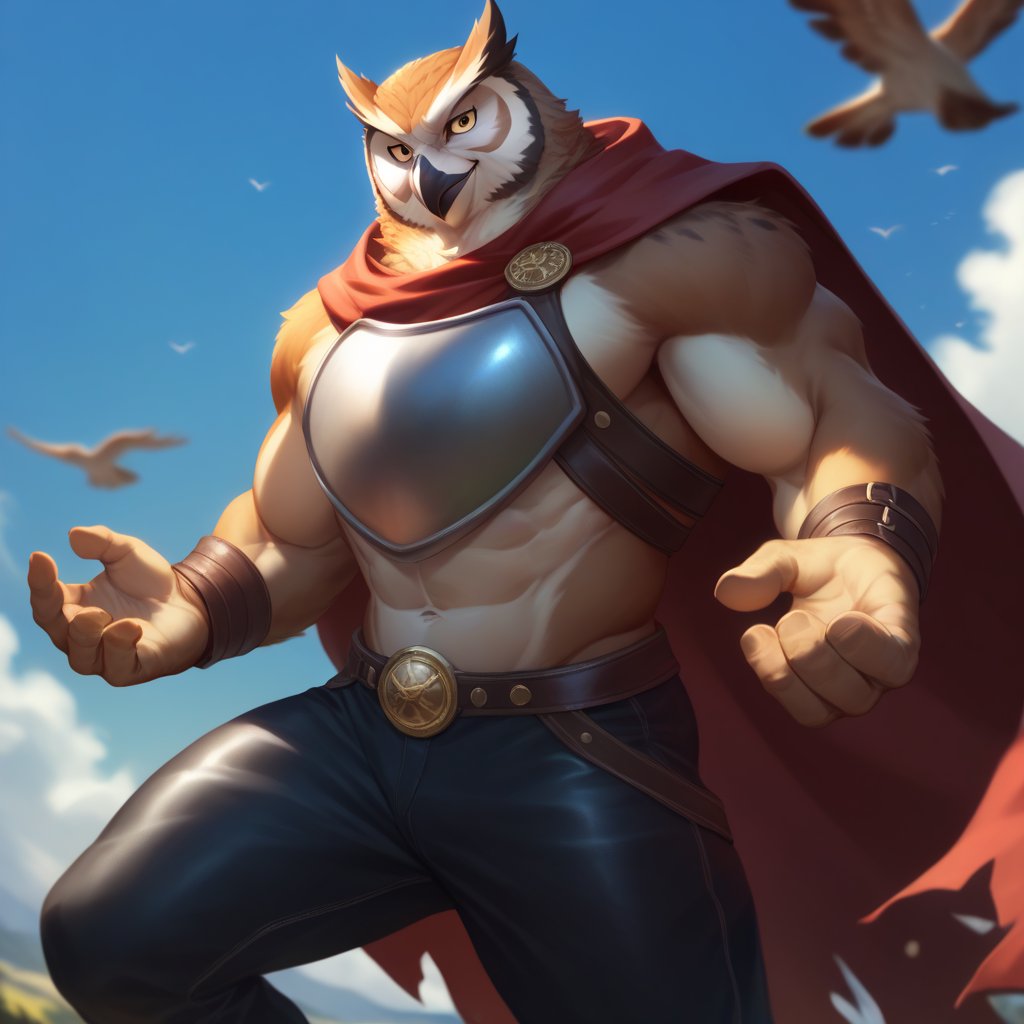 score_9, score_8_up, score_7_up,
  Anthro, owl, bird, muscular, gold eyes, , brown feathers, white feathered chest, 
8K, In'ei, chiaroscuro, depth of field, side lighting, cinematic lighting, clear_eyes,
perfect hands, perfect proportions, 6abs, peak physical perfection, perfect male physique, sexy muscular body, 
dynamic pose, detailed anime background, detailed photographic fluffy anime clouds, perfect hands, clever, charismatic, alluring and handsome, inviting smile, brash, masterful manipulator, ((leather breastplate)), tattered cape, black pants,  
BREAK zPDXL, zPDXLxxx, bnav5 style,