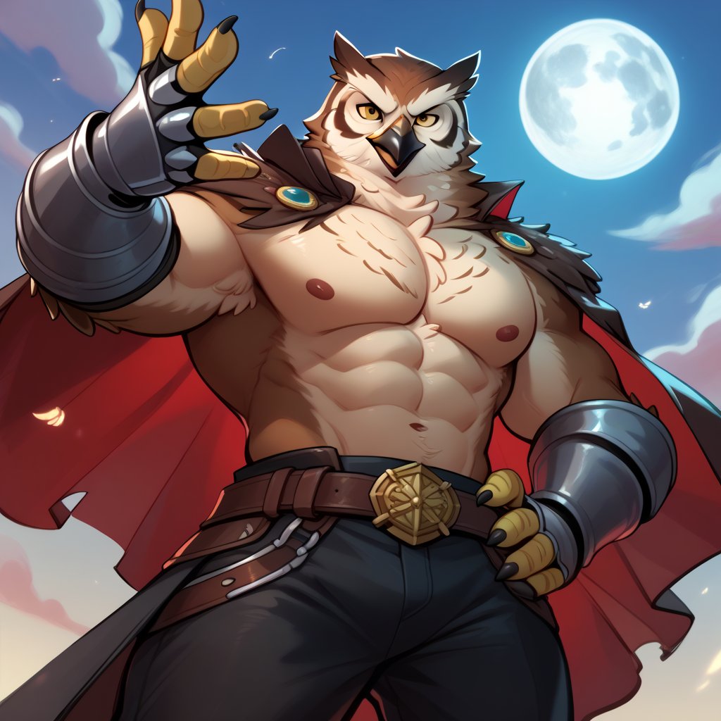 score_9, score_8_up, score_7_up, Anthro, owl, muscular, POV, from below, brown feathers, gold eyes, perfect hands, tattered cape, magic gauntlets, leather rune armor, black pants, alluring, handsome, evil, beak, fluffy body, white chest, scruffy, charismatic, brash detailed anime background, full moon, chiaroscuro, In'ei, 8k, masterclass color theory, zPDXL,Eminem (ThrowingMeme)