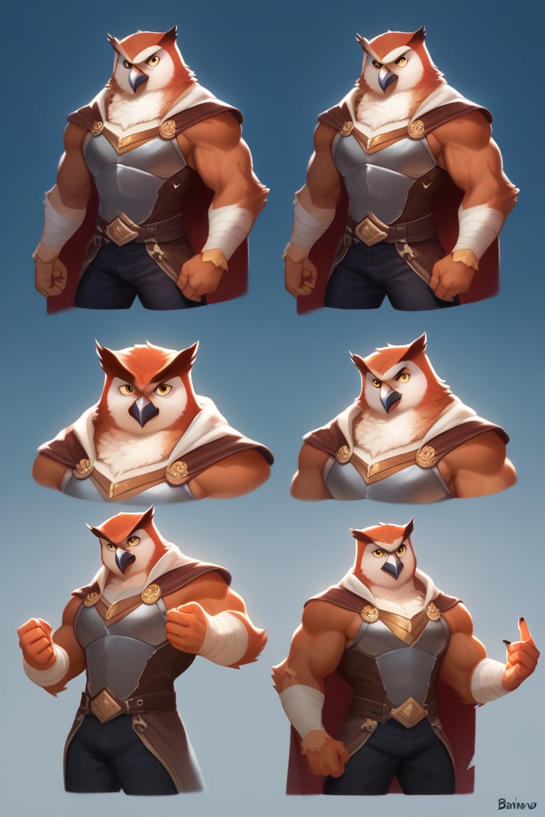 white background, 1male, solo, multiple faces, four faces, separate faces, reference sheet, expressions, different expressions, multiple views, different views, (Character description) score_9, score_8_up, score_7_up,
Anthro, owl, bird, muscular, gold eyes, , brown feathers, white feathered chest, 
8K, In'ei, chiaroscuro, depth of field, side lighting, cinematic lighting, clear_eyes,
perfect hands, perfect proportions, (leather chest armor)
dynamic pose, perfect hands, clever, charismatic, alluring and handsome, inviting smile, brash, masterful manipulator, tattered cape, black pants,  
BREAK zPDXL, zPDXLxxx, bnav5 style, 