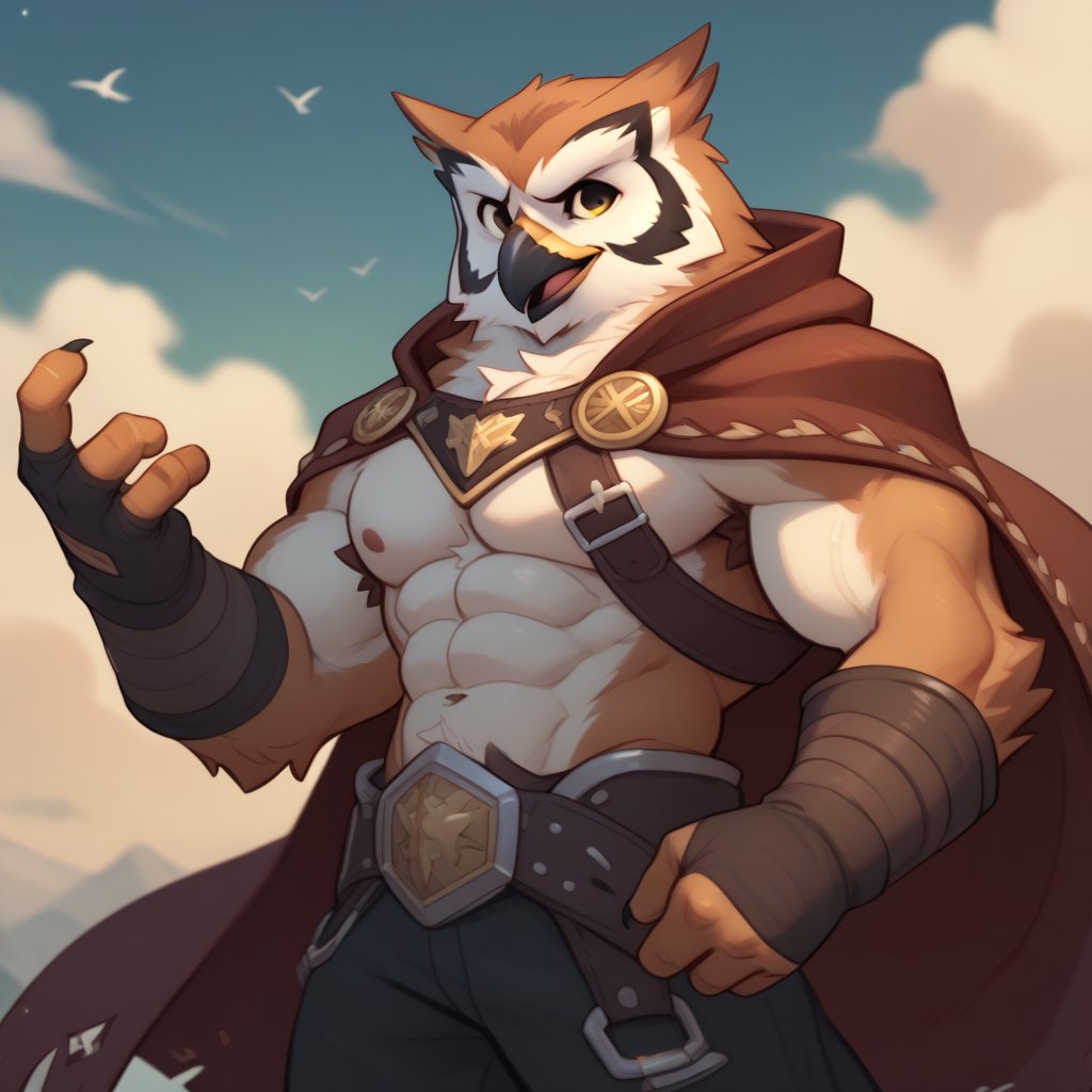 ((leather breastplate)), score_9, score_8_up, score_7_up,
Anthro, owl, bird, muscular, gold eyes, , brown feathers, white feathered chest, 
8K, In'ei, chiaroscuro, depth of field, side lighting, cinematic lighting, clear_eyes,
perfect hands, perfect proportions, 6abs, peak physical perfection, perfect male physique, sexy muscular body, 
dynamic pose, detailed anime background, detailed photographic fluffy anime clouds, perfect hands, clever, charismatic, alluring and handsome, inviting smile, brash, masterful manipulator, tattered cape, black pants,  
BREAK zPDXL, zPDXLxxx, 