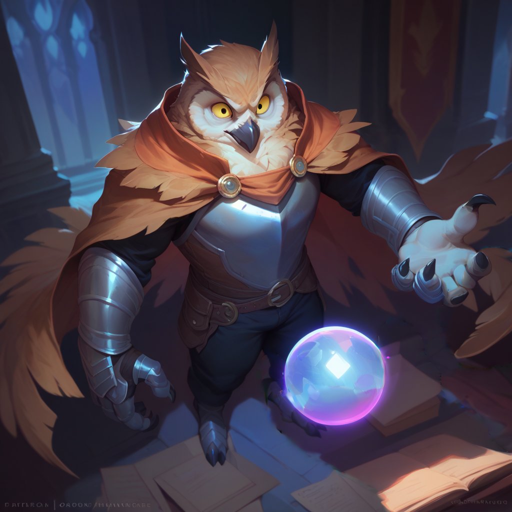 ((floating orb)), score_9, score_8_up, score_8, score_7_up, 8k, high quality, anthro, POV, Dynamic angle, anthro, 1men, Owl, magic knight, (leather armor, tattered cape, magic gauntlets, black pants), yellow eyes, brown feathers, talons, male, anthro, gazing into a crystal ball, holding crystal ball, standing, (rugged appearance, scruffy), glowing, pondering orb, nighttime, inside, mages tower, masterpiece, best quality, highly detailed, (perfect eyes:1.1)
    