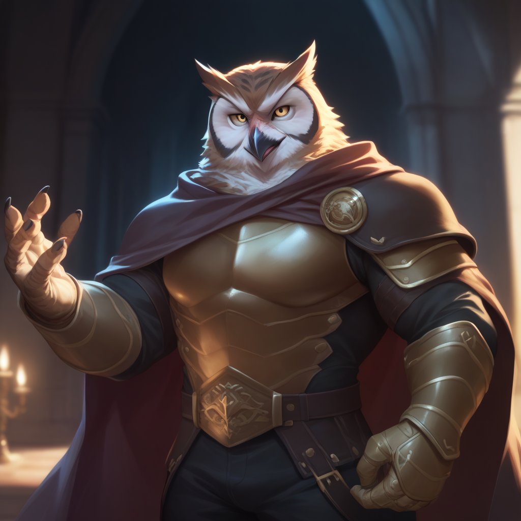 score_9, score_8_up, score_7_up,
Anthro, owl, bird, muscular, gold eyes, , brown feathers, white feathered chest, 
8K, In'ei, chiaroscuro, depth of field, side lighting, cinematic lighting, clear_eyes,
perfect hands, perfect proportions, (leather chest armor)
dynamic pose, detailed anime background, dark castle, perfect hands, clever, charismatic, alluring and handsome, inviting smile, brash, masterful manipulator, tattered cape, black pants,  
BREAK zPDXL, zPDXLxxx, bnav5 style, 