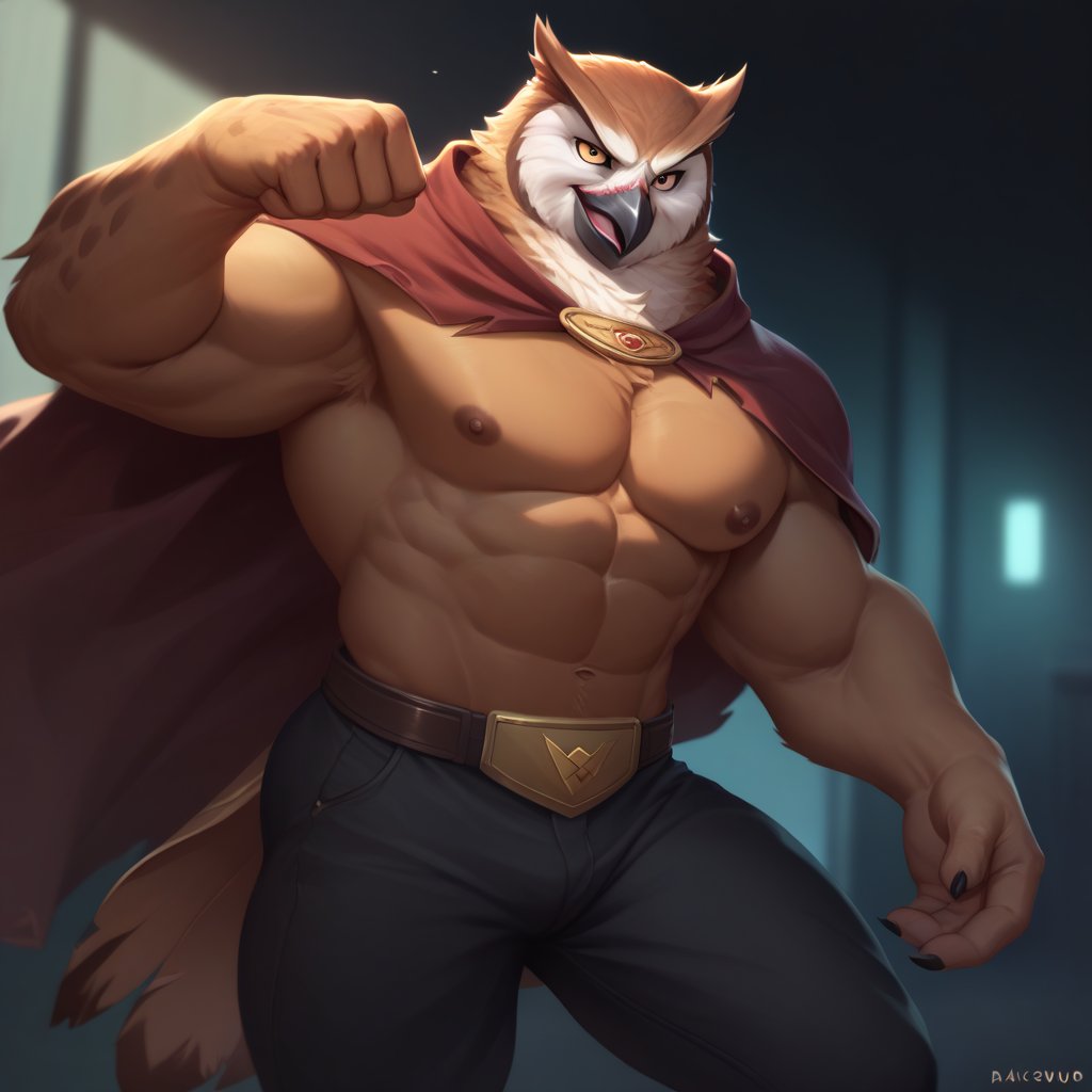 score_9, score_8_up, score_7_up,
  Anthro, owl, bird, muscular, gold eyes, , brown feathers, white feathered chest, 
8K, In'ei, chiaroscuro, depth of field, side lighting, cinematic lighting, clear_eyes,
perfect hands, perfect proportions, 6abs, peak physical perfection, perfect male physique, sexy muscular body, 
dynamic pose, detailed anime background, detailed hellscape, perfect hands, clever, charismatic, alluring and handsome, inviting smile, brash, masterful manipulator, tattered cape, (scale mail top), black pants,  
BREAK zPDXL, zPDXLxxx,    bnav5 style,