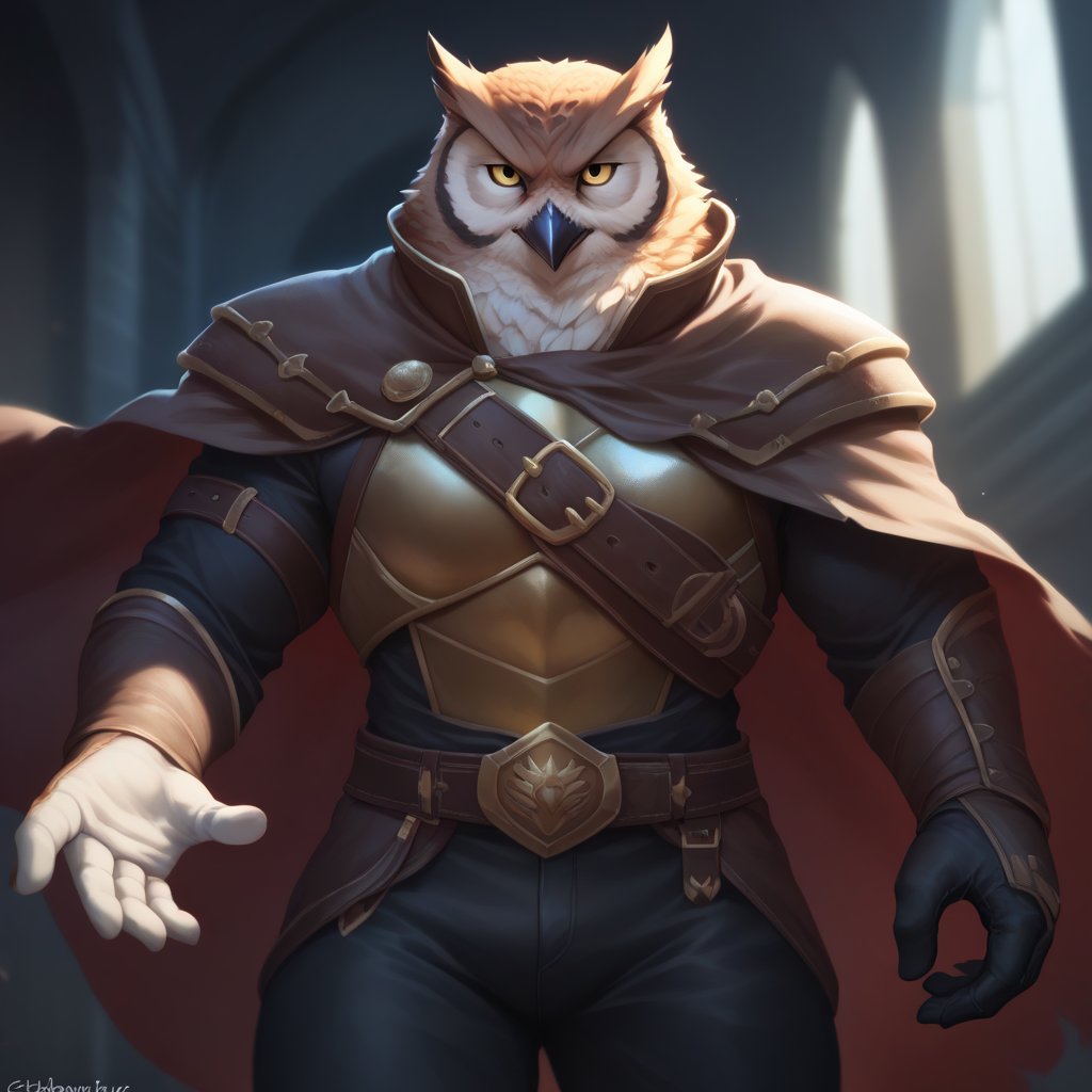 score_9, score_8_up, score_7_up,
Anthro, owl, bird, muscular, gold eyes, , brown feathers, white feathered chest, 
8K, In'ei, chiaroscuro, depth of field, side lighting, cinematic lighting, clear_eyes,
perfect hands, perfect proportions, (leather chest armor)
dynamic pose, detailed anime background, dark castle, perfect hands, clever, charismatic, alluring and handsome, inviting smile, brash, masterful manipulator, tattered cape, black pants,  
BREAK zPDXL, zPDXLxxx, bnav5 style, 