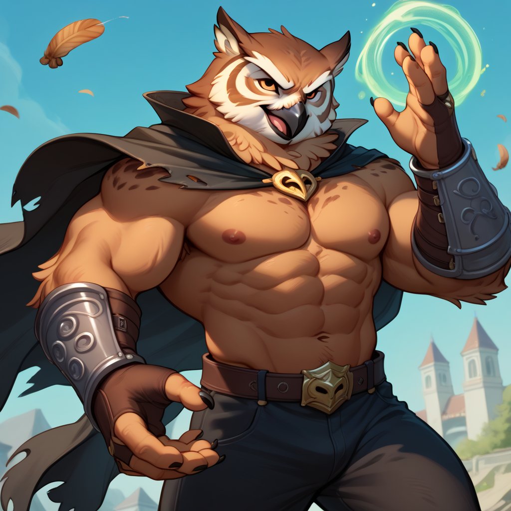 score_9, score_8_up, score_7_up, Anthro, owl, muscular, brown feathers, gold eyes, perfect hands, tattered cape, magic gauntlets, leather rune armor, black pants, alluring, handsome, evil, evil sexy smirk, fluffy body, scruffy, charismatic, brash dynamic pose, master manipulator, detailed anime background, chiaroscuro, In'ei, 8k, masterclass color theory, zPDXL