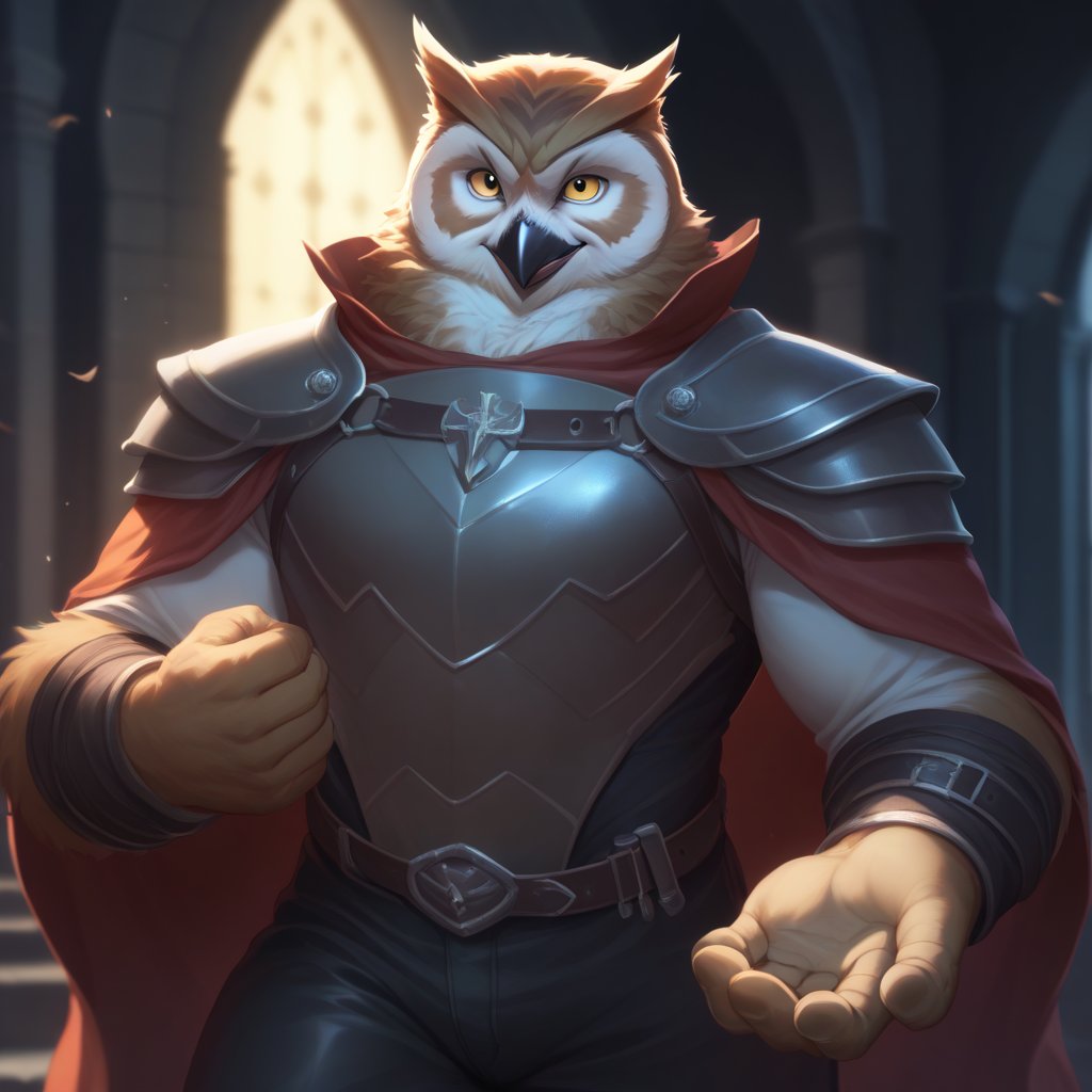 score_9, score_8_up, score_7_up,
Anthro, owl, bird, muscular, gold eyes, , brown feathers, white feathered chest, 
8K, In'ei, chiaroscuro, depth of field, side lighting, cinematic lighting, clear_eyes,
perfect hands, perfect proportions, (leather chest armor)
dynamic pose, detailed anime background, dark castle, perfect hands, clever, charismatic, alluring and handsome, inviting smile, brash, masterful manipulator, tattered cape, black pants,  
BREAK zPDXL, zPDXLxxx, bnav5 style, 