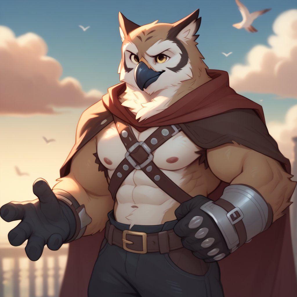 ((leather Brigandine)), score_9, score_8_up, score_7_up,
Anthro, owl, bird, muscular, gold eyes, , brown feathers, white feathered chest, 
8K, In'ei, chiaroscuro, depth of field, side lighting, cinematic lighting, clear_eyes,
perfect hands, perfect proportions, 
dynamic pose, detailed anime background, detailed photographic fluffy anime clouds, perfect hands, clever, charismatic, alluring and handsome, inviting smile, brash, masterful manipulator, tattered cape, black pants,  
BREAK zPDXL, zPDXLxxx, 