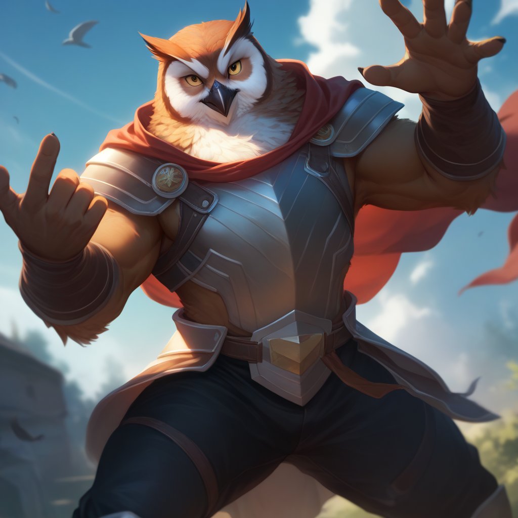 score_9, score_8_up, score_7_up,
  Anthro, owl, bird, muscular, gold eyes, , brown feathers, white feathered chest, 
8K, In'ei, chiaroscuro, depth of field, side lighting, cinematic lighting, clear_eyes,
perfect hands, perfect proportions, ((rogue armor)), leather chestplate,
dynamic pose, detailed anime background, detailed photographic fluffy anime clouds, perfect hands, clever, charismatic, alluring and handsome, inviting smile, brash, masterful manipulator, tattered cape, (scale mail top), black pants,  
BREAK zPDXL, zPDXLxxx,    bnav5 style,