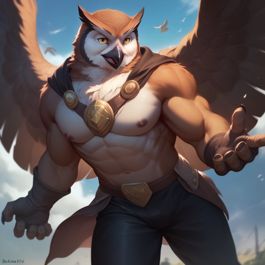 score_9, score_8_up, score_7_up,
  Anthro, owl, bird, muscular, gold eyes, , brown feathers, white feathered chest, 
8K, In'ei, chiaroscuro, depth of field, side lighting, cinematic lighting, clear_eyes,
perfect hands, perfect proportions, rogue armor, leather mail peak physical perfection, perfect male physique, sexy muscular body, 
dynamic pose, detailed anime background, detailed photographic fluffy anime clouds, perfect hands, clever, charismatic, alluring and handsome, inviting smile, brash, masterful manipulator, tattered cape, (scale mail top), black pants,  
BREAK zPDXL, zPDXLxxx,    bnav5 style,