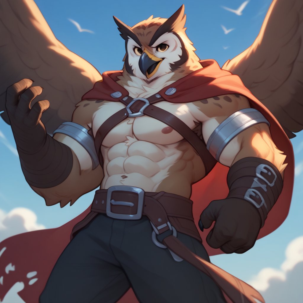 ((leather breastplate)), score_9, score_8_up, score_7_up,
Anthro, owl, bird, muscular, gold eyes, , brown feathers, white feathered chest, 
8K, In'ei, chiaroscuro, depth of field, side lighting, cinematic lighting, clear_eyes,
perfect hands, perfect proportions, 6abs, peak physical perfection, perfect male physique, sexy muscular body, 
dynamic pose, detailed anime background, detailed photographic fluffy anime clouds, perfect hands, clever, charismatic, alluring and handsome, inviting smile, brash, masterful manipulator, tattered cape, black pants,  
BREAK zPDXL, zPDXLxxx, 