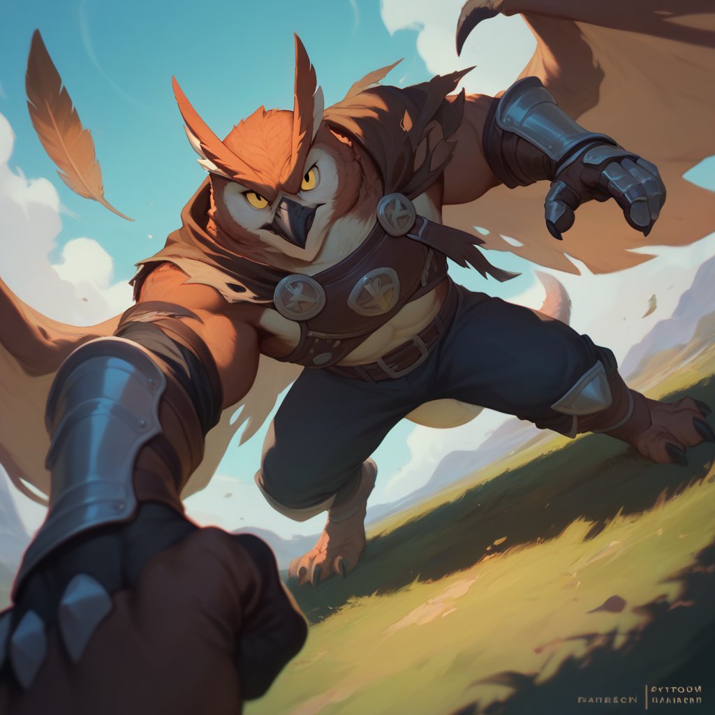 score_9, score_8_up, score_8, score_7_up, 8k, high quality, anthro, POV, Dynamic angle, anthro, Owl, magic knight, (leather armor, tattered cape, magic gauntlets), yellow eyes, brown feathers, agressive, fighting a dragon, feral dragon, male, anthro, action pose,(rugged appearance, scruffy), stand off, fierce, daytime, at day, outside, barren field, masterpiece, best quality, highly detailed, (perfect eyes:1.1)
    