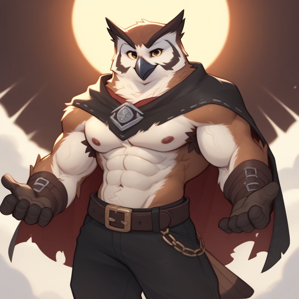 ((leather Brigandine)), score_9, score_8_up, score_7_up,
Anthro, owl, bird, muscular, gold eyes, , brown feathers, white feathered chest, 
8K, In'ei, chiaroscuro, depth of field, side lighting, cinematic lighting, clear_eyes,
perfect hands, perfect proportions, 
dynamic pose, detailed anime background, detailed photographic fluffy anime clouds, perfect hands, clever, charismatic, alluring and handsome, inviting smile, brash, masterful manipulator, tattered cape, black pants,  
BREAK zPDXL, zPDXLxxx, 