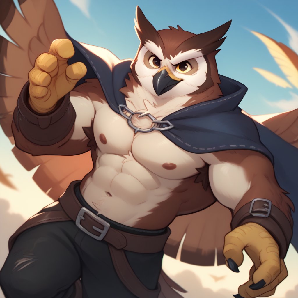 ((leather jerkin)), score_9, score_8_up, score_7_up,
Anthro, owl, bird, muscular, gold eyes, , brown feathers, white feathered chest, 
8K, In'ei, chiaroscuro, depth of field, side lighting, cinematic lighting, clear_eyes,
perfect hands, perfect proportions, 
dynamic pose, detailed anime background, detailed photographic fluffy anime clouds, perfect hands, clever, charismatic, alluring and handsome, inviting smile, brash, masterful manipulator, tattered cape, black pants,  
BREAK zPDXL, zPDXLxxx, 