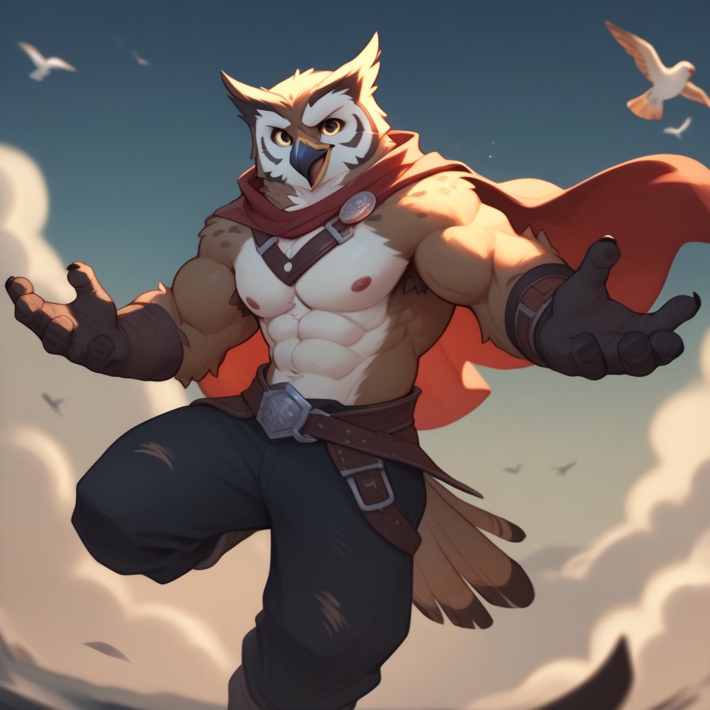 ((leather breastplate)), score_9, score_8_up, score_7_up,
Anthro, owl, bird, muscular, gold eyes, , brown feathers, white feathered chest, 
8K, In'ei, chiaroscuro, depth of field, side lighting, cinematic lighting, clear_eyes,
perfect hands, perfect proportions, 6abs, peak physical perfection, perfect male physique, sexy muscular body, 
dynamic pose, detailed anime background, detailed photographic fluffy anime clouds, perfect hands, clever, charismatic, alluring and handsome, inviting smile, brash, masterful manipulator, tattered cape, black pants,  
BREAK zPDXL, zPDXLxxx, 