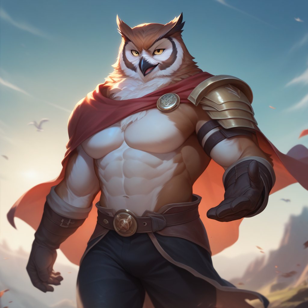 score_9, score_8_up, score_7_up,
  Anthro, owl, bird, muscular, gold eyes, , brown feathers, white feathered chest, 
8K, In'ei, chiaroscuro, depth of field, side lighting, cinematic lighting, clear_eyes,
perfect hands, perfect proportions, rogue armor, leather mail peak physical perfection, perfect male physique, sexy muscular body, 
dynamic pose, detailed anime background, detailed photographic fluffy anime clouds, perfect hands, clever, charismatic, alluring and handsome, inviting smile, brash, masterful manipulator, tattered cape, (scale mail top), black pants,  
BREAK zPDXL, zPDXLxxx,    bnav5 style,