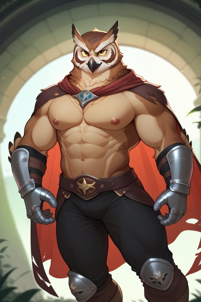 score_9, score_8_up, score_7_up,
 Male, anthro, muscular, owl, talons, tailfeathers, brown feathers,
8K, In'ei, hiaroscuro, depth of field, rim lighting, masterclass color theory, depth of field, clear_eyes,
perfect hands, perfect proportions, thick arms, thick legs, large shoulders, large pecs, wide thick upper body, muscular neck, 6abs,
evil sexy smirk, alluring eyes, glimmering gold eyes, evil, tattered cape, rune armor, fluffy feathers, magic gauntlets, intricately detailed anime style background, sexy, handsome, black pants, rogue class, 
BREAK zPDXL, zPDXLxxx,