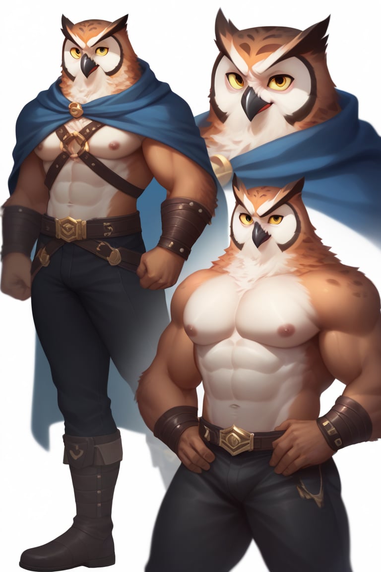 white background, 1male, solo, multiple faces, four faces, separate faces, reference sheet, expressions, different expressions, multiple views, different views, (Character description) score_9, score_8_up, score_7_up,
Anthro, owl, bird, muscular, gold eyes, , brown feathers, white feathered chest, 
8K, In'ei, chiaroscuro, depth of field, side lighting, cinematic lighting, clear_eyes,
perfect hands, perfect proportions, (leather chest armor)
dynamic pose, perfect hands, clever, charismatic, alluring and handsome, inviting smile, brash, masterful manipulator, tattered cape, black pants,  
BREAK zPDXL, zPDXLxxx, bnav5 style, 