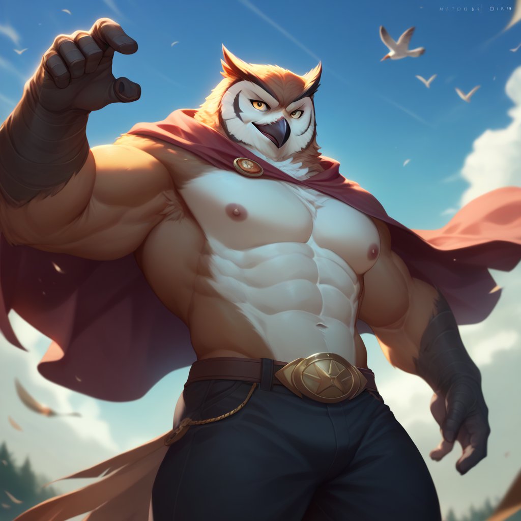 score_9, score_8_up, score_7_up,
  Anthro, owl, bird, muscular, gold eyes, , brown feathers, white feathered chest, 
8K, In'ei, chiaroscuro, depth of field, side lighting, cinematic lighting, clear_eyes,
perfect hands, perfect proportions, 6abs, peak physical perfection, perfect male physique, sexy muscular body, 
dynamic pose, detailed anime background, detailed photographic fluffy anime clouds, perfect hands, clever, charismatic, alluring and handsome, inviting smile, brash, masterful manipulator, tattered cape, (scale mail top), black pants,  
BREAK zPDXL, zPDXLxxx,    bnav5 style,