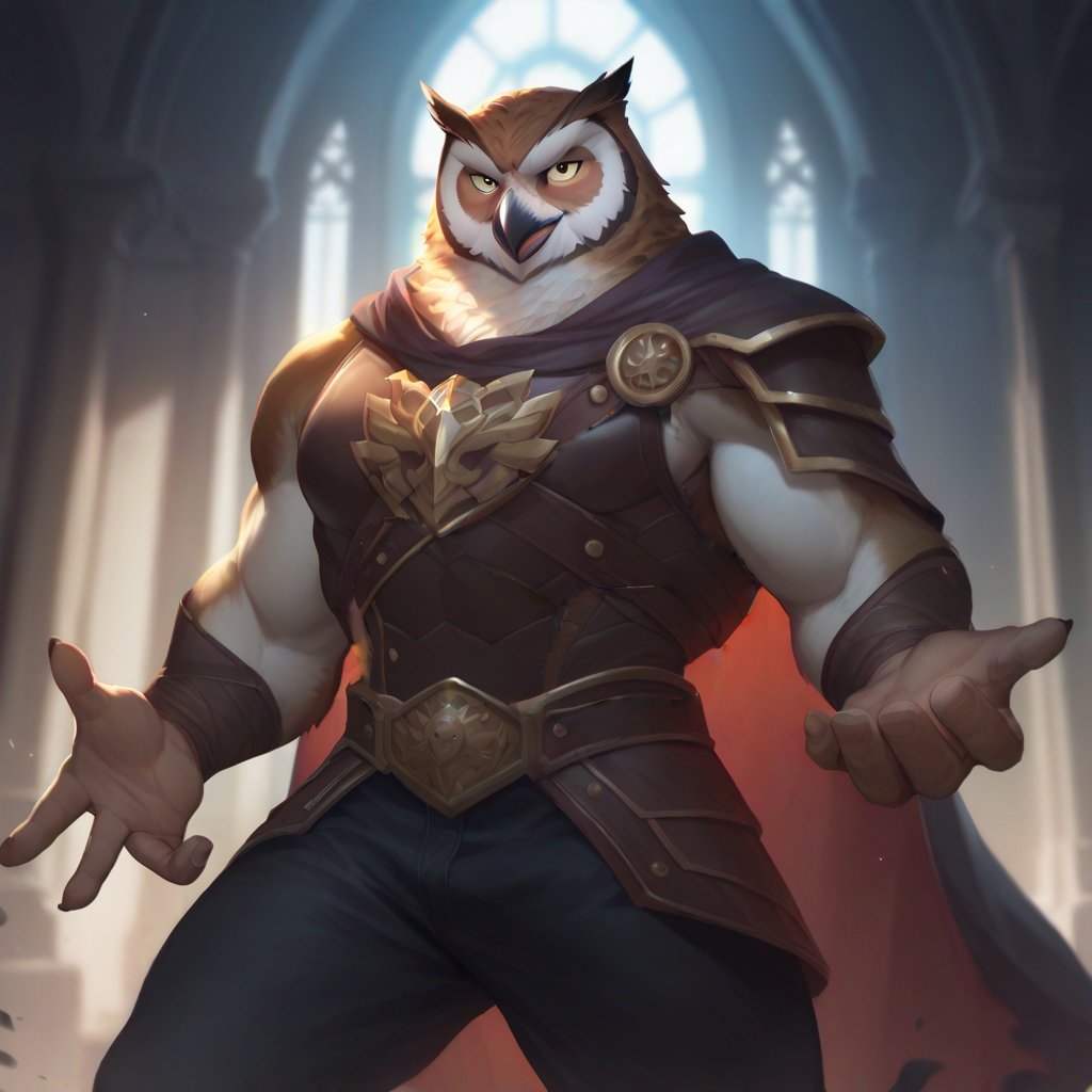 score_9, score_8_up, score_7_up,
Anthro, owl, bird, muscular, gold eyes, , brown feathers, white feathered chest, 
8K, In'ei, chiaroscuro, depth of field, side lighting, cinematic lighting, clear_eyes,
perfect hands, perfect proportions, (leather chest armor)
dynamic pose, detailed anime background, dark castle, perfect hands, clever, charismatic, alluring and handsome, inviting smile, brash, masterful manipulator, tattered cape, black pants,  
BREAK zPDXL, zPDXLxxx, bnav5 style, 