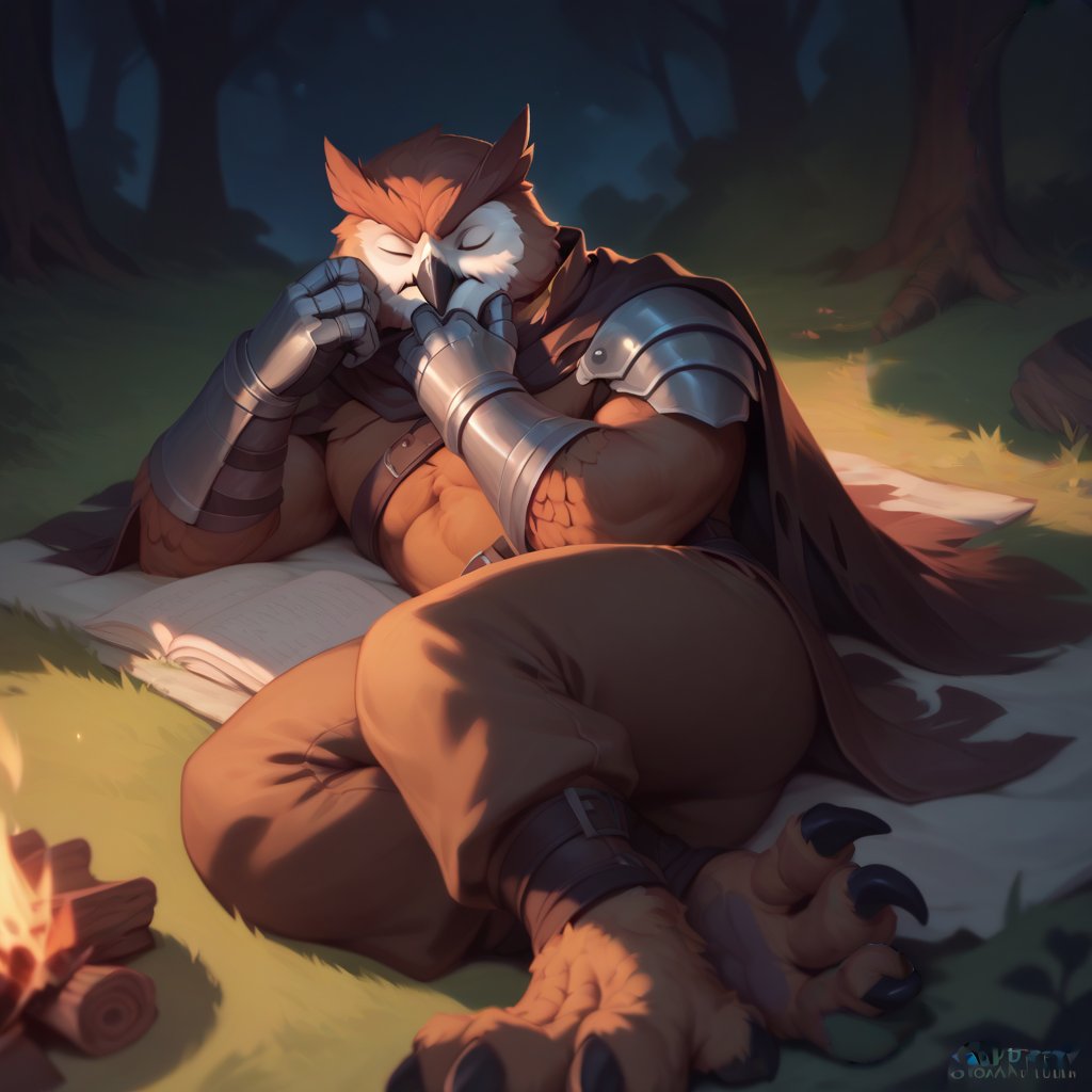 score_9, score_8_up, score_8, score_7_up, 8k, high quality, anthro, POV, Dynamic angle, anthro, 1men, Owl, magic knight, (leather armor, tattered cape, magic gauntlets),closed eyes, brown feathers, talons, male, anthro, hand on face, laying down, laying on side, (rugged appearance, scruffy), best lighting, calm, nighttime, outside, campfire, masterpiece, best quality, highly detailed, 
    