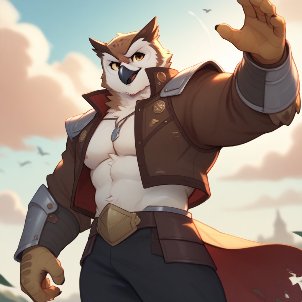 ((armored jacket)), score_9, score_8_up, score_7_up,
Anthro, owl, bird, muscular, gold eyes, , brown feathers, white feathered chest, 
8K, In'ei, chiaroscuro, depth of field, side lighting, cinematic lighting, clear_eyes,
perfect hands, perfect proportions, 
dynamic pose, detailed anime background, detailed photographic fluffy anime clouds, perfect hands, clever, charismatic, alluring and handsome, inviting smile, brash, masterful manipulator, tattered cape, black pants,  
BREAK zPDXL, zPDXLxxx, 