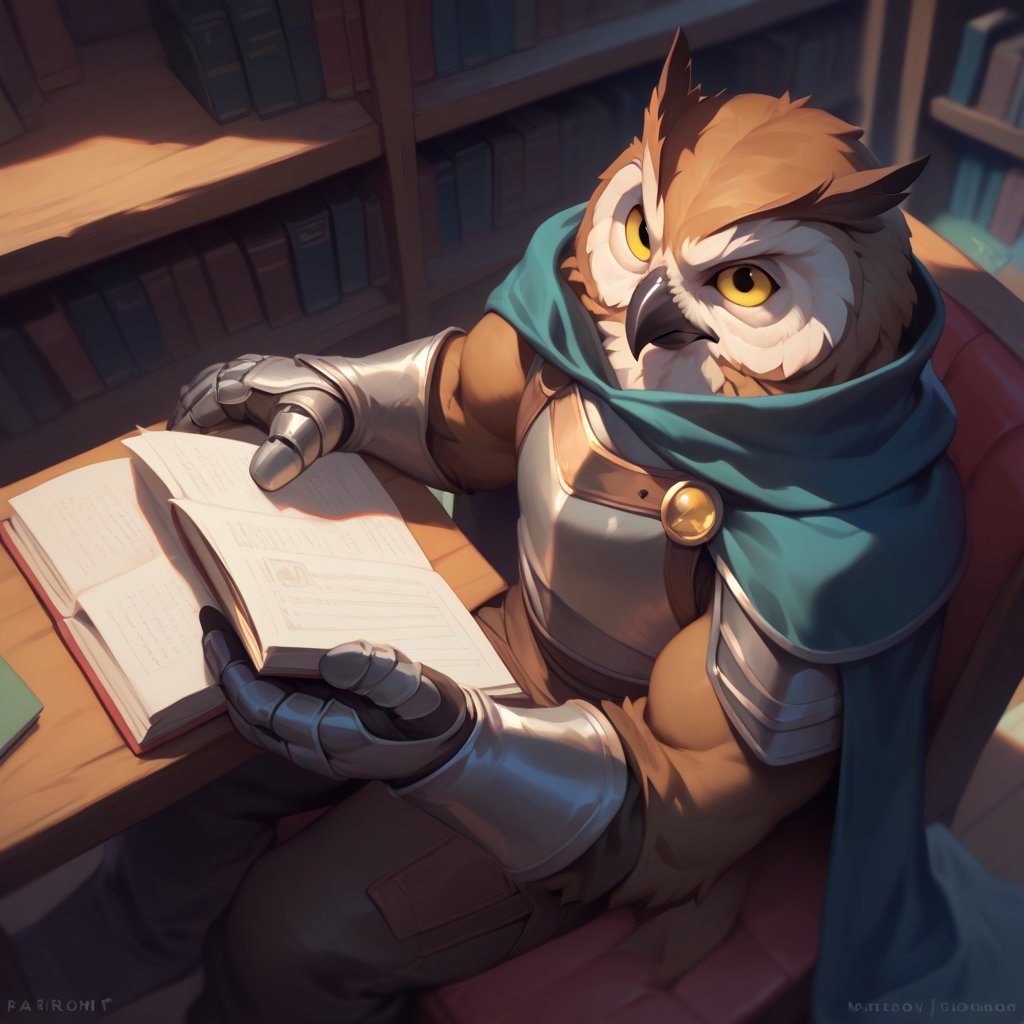 score_9, score_8_up, score_8, score_7_up, 8k, high quality, anthro, POV, from above, Dynamic angle, anthro, 1men, Owl, magic knight, (leather armor, tattered cape, magic gauntlets), yellow eyes, brown feathers, magical tome, male, anthro, reading, sitting, laying back, (rugged appearance, scruffy), serene, calm, daytime,  inside, library background, masterpiece, best quality, highly detailed, (perfect eyes:1.1)
    