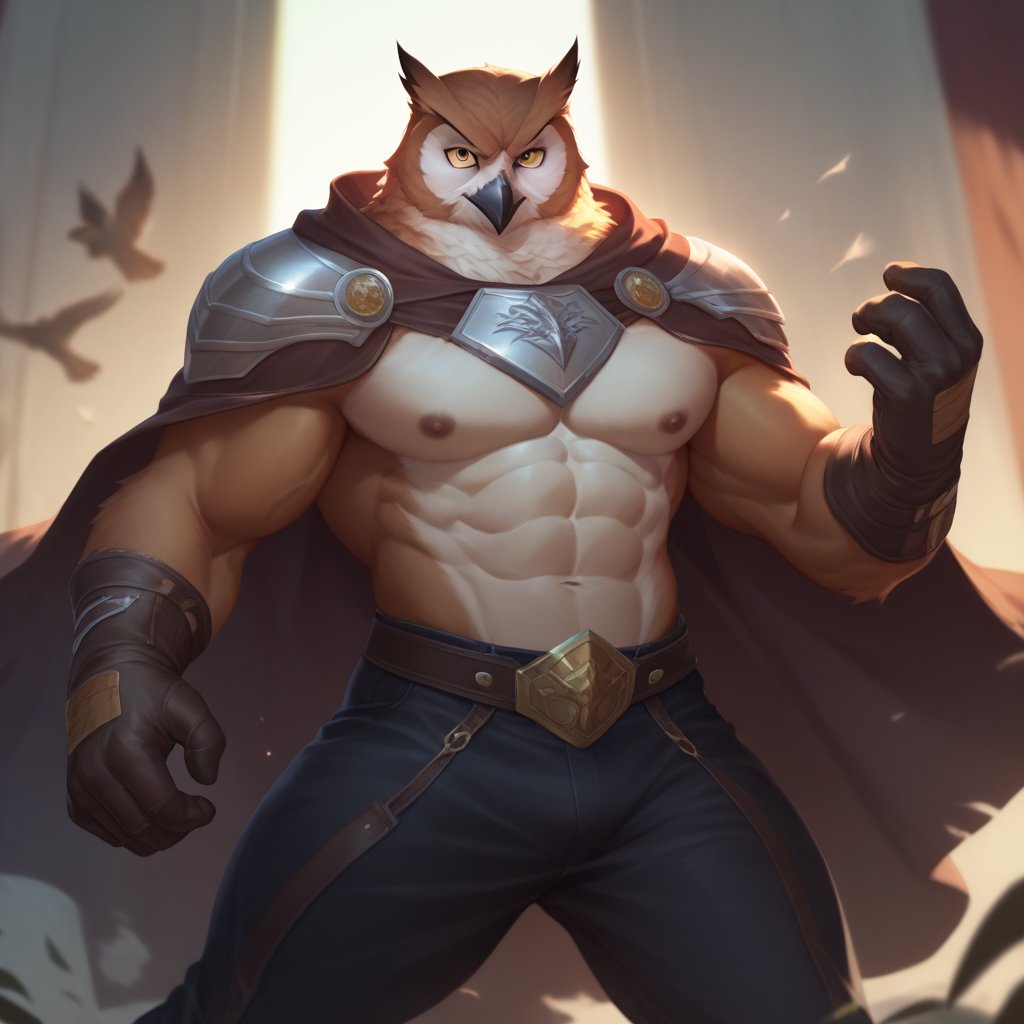 ((leather breastplate)), score_9, score_8_up, score_7_up,
Anthro, owl, bird, muscular, gold eyes, , brown feathers, white feathered chest, 
8K, In'ei, chiaroscuro, depth of field, side lighting, cinematic lighting, clear_eyes,
perfect hands, perfect proportions, 6abs, peak physical perfection, perfect male physique, sexy muscular body, 
dynamic pose, detailed anime background, detailed photographic fluffy anime clouds, perfect hands, clever, charismatic, alluring and handsome, inviting smile, brash, masterful manipulator, tattered cape, black pants,  
BREAK zPDXL, zPDXLxxx, bnav5 style,