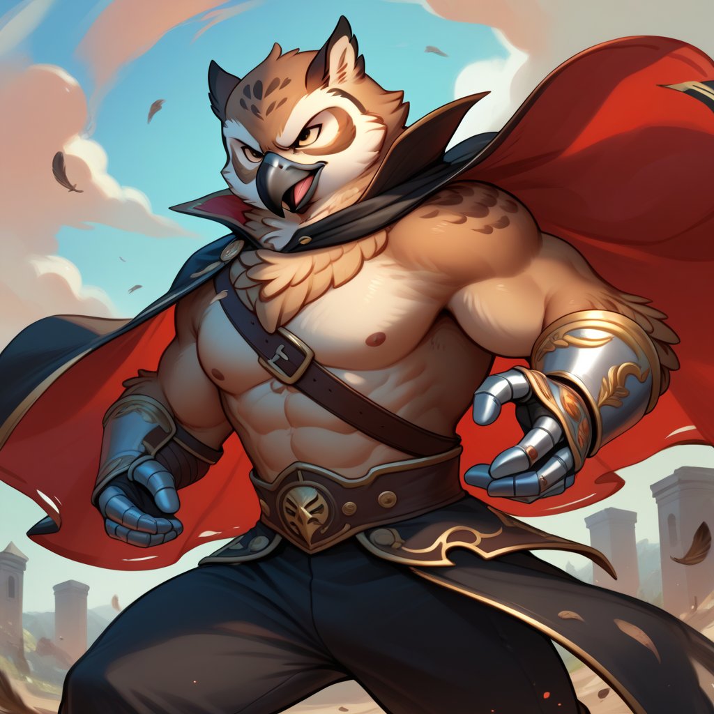 fighting, mid battle, slaying demons, score_9, score_8_up, score_7_up, Anthro, owl, muscular, brown feathers, gold eyes, perfect hands, tattered cape, magic gauntlets, leather rune armor, black pants, alluring, handsome, evil, beak, evil sexy smirk, fluffy body, white chest, scruffy, charismatic, brash dynamic pose, master manipulator, detailed anime background, chiaroscuro, In'ei, 8k, masterclass color theory, zPDXL