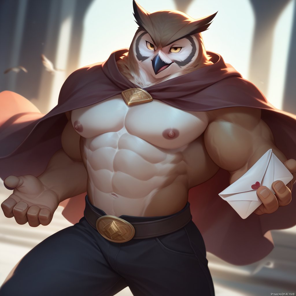 ((scale mail)), score_9, score_8_up, score_7_up,
Anthro, owl, bird, muscular, gold eyes, , brown feathers, white feathered chest, 
8K, In'ei, chiaroscuro, depth of field, side lighting, cinematic lighting, clear_eyes,
perfect hands, perfect proportions, 6abs, peak physical perfection, perfect male physique, sexy muscular body, 
dynamic pose, detailed anime background, dark castle, perfect hands, clever, charismatic, alluring and handsome, inviting smile, brash, masterful manipulator, tattered cape, black pants,  
BREAK zPDXL, zPDXLxxx, bnav5 style,