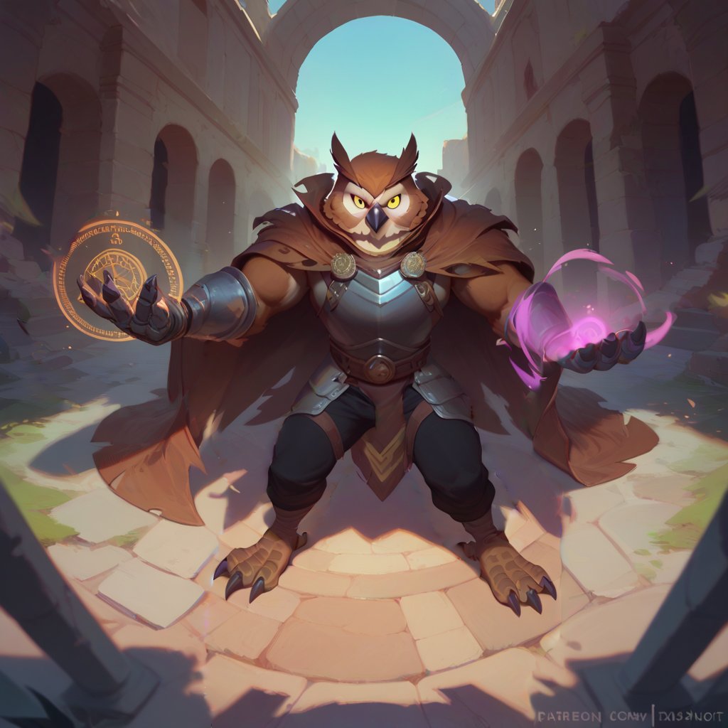 score_9, score_8_up, score_8, score_7_up, 8k, high quality, anthro, POV, Dynamic angle, anthro, 1men, Owl, magic knight, (leather armor, tattered cape, magic gauntlets, black pants), yellow eyes, brown feathers, talons, male, anthro, casting a spell, magic circle, standing, (rugged appearance, scruffy), sparks, fierce, nighttime, outside, ancient ruins, masterpiece, best quality, highly detailed, (perfect eyes:1.1)
    