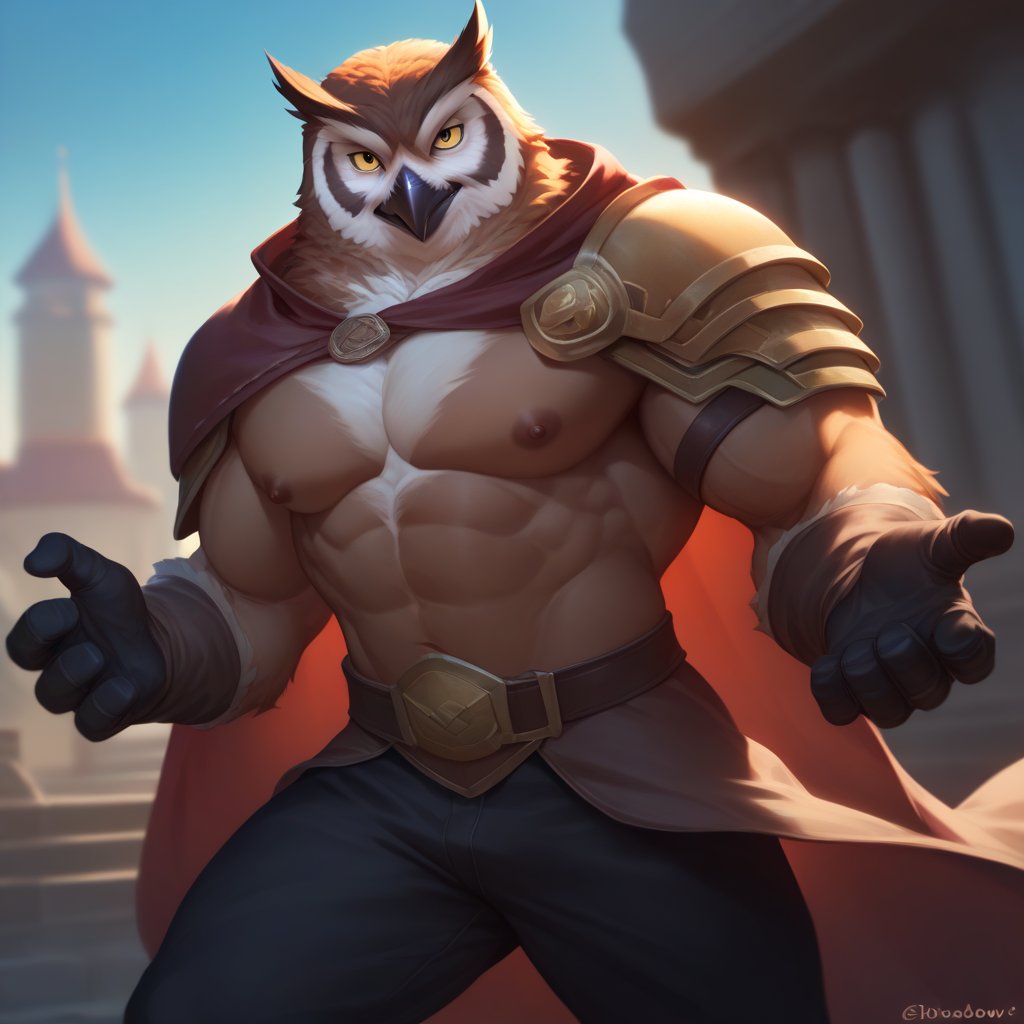 score_9, score_8_up, score_7_up,
  Anthro, owl, bird, muscular, gold eyes, , brown feathers, white feathered chest, 
8K, In'ei, chiaroscuro, depth of field, side lighting, cinematic lighting, clear_eyes,
perfect hands, perfect proportions, rogue armor, leather mail peak physical perfection, perfect male physique, sexy muscular body, 
dynamic pose, detailed anime background, detailed photographic fluffy anime clouds, perfect hands, clever, charismatic, alluring and handsome, inviting smile, brash, masterful manipulator, tattered cape, (scale mail top), black pants,  
BREAK zPDXL, zPDXLxxx,    bnav5 style,