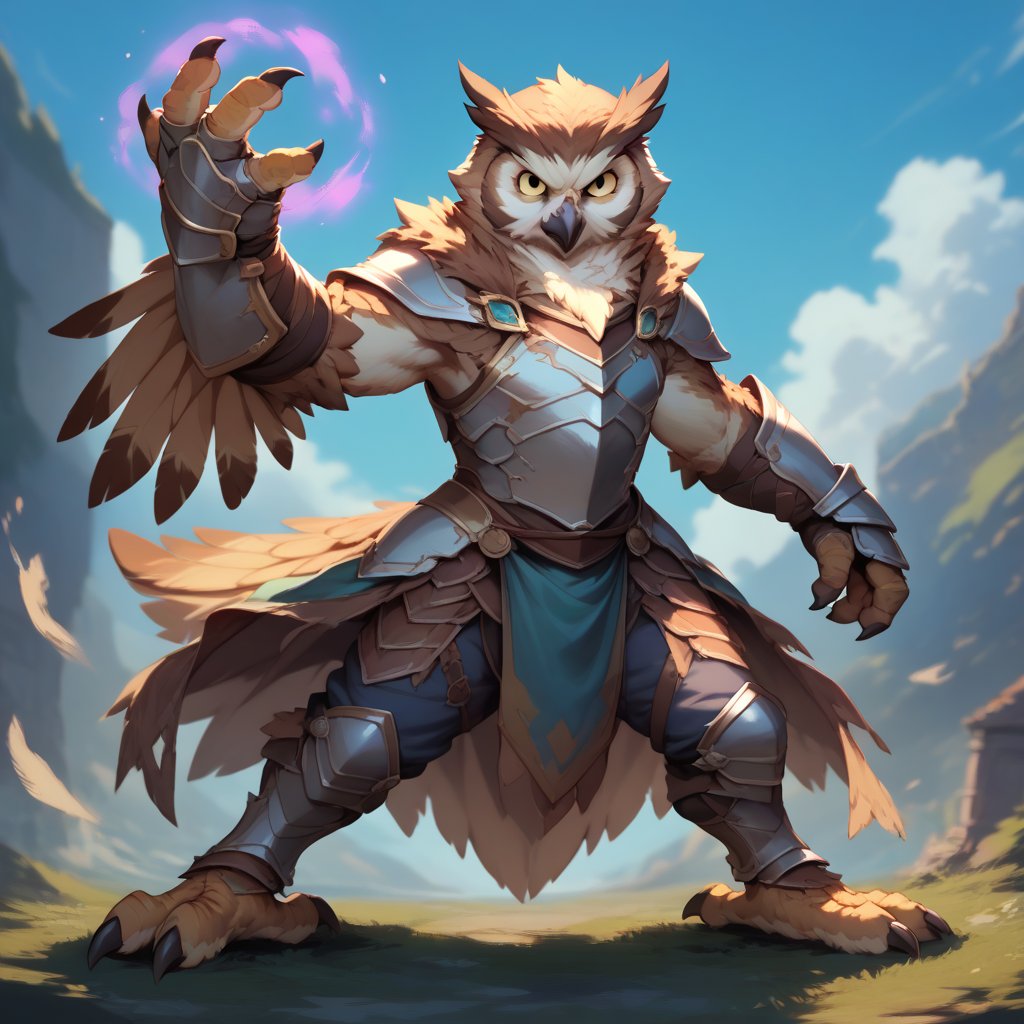 Anthropomorphic owl, male, young adult, brown feathers, gold eyes, talons, owl tail, determined expression, warrior mage, fur lined armor, tattered cloak, magic gauntlets, standing pose, detailed background, kemono style, fantasy setting, high quality, full body shot, day,
 score_8, score_9, score_10  , zPDXL3  concept art, digital art, realistic,conceptart