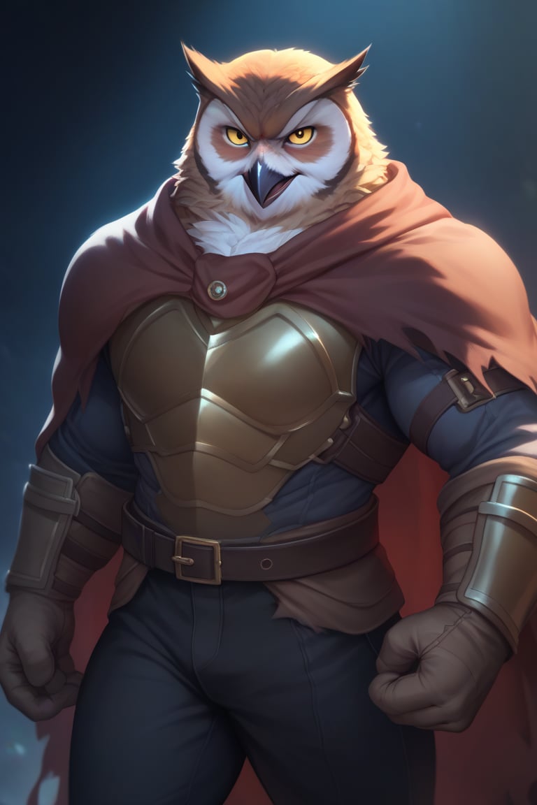 score_9, score_8_up, score_7_up,
Anthro, owl, bird, muscular, gold eyes, , brown feathers, white feathered chest, 
8K, In'ei, chiaroscuro, depth of field, side lighting, cinematic lighting, clear_eyes,
perfect hands, perfect proportions, (leather chest armor)
dynamic pose, detailed anime background, witches cavern, perfect hands, clever, charismatic, alluring and handsome, inviting smile, brash, masterful manipulator, tattered cape, black pants,  
BREAK zPDXL, zPDXLxxx, bnav5 style, 