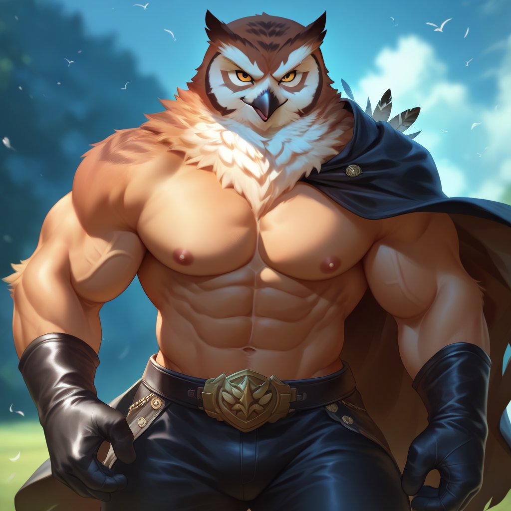 score_9, score_8_up, score_7_up,
  Anthro, owl, bird, muscular, gold eyes, , brown feathers, white feathered chest, 
8K, In'ei, chiaroscuro, depth of field, side lighting, cinematic lighting, clear_eyes,
perfect hands, perfect proportions, 6abs, peak physical perfection, perfect male physique, sexy muscular body, 
dynamic pose, detailed anime background, detailed photographic fluffy anime clouds, perfect hands, clever, charismatic, alluring and handsome, inviting smile, brash, masterful manipulator, ((head and neck and upper body with black feather textures on body,)), tattered cape, leather armor, black pants,  
BREAK zPDXL, zPDXLxxx,    bnav5 style,