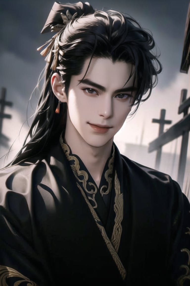 (cowboy shot), dynamic action style, (1man), (male:1.2), mature face, (mature boy:1.2), smile, (Chinese hanfu with black and gold accents), finely detailed eyes and face, (long black straight hair:1.2), (black eyes:1.1), (focus on character:1.1), ((solo)), detailed face, detailed eyes, Chinese epic style, clear subject, ultra realistic, ultra detailed, OC rendering, blender, high detail, ultra high quality, dark and ominous atmosphere, Chinese acient city