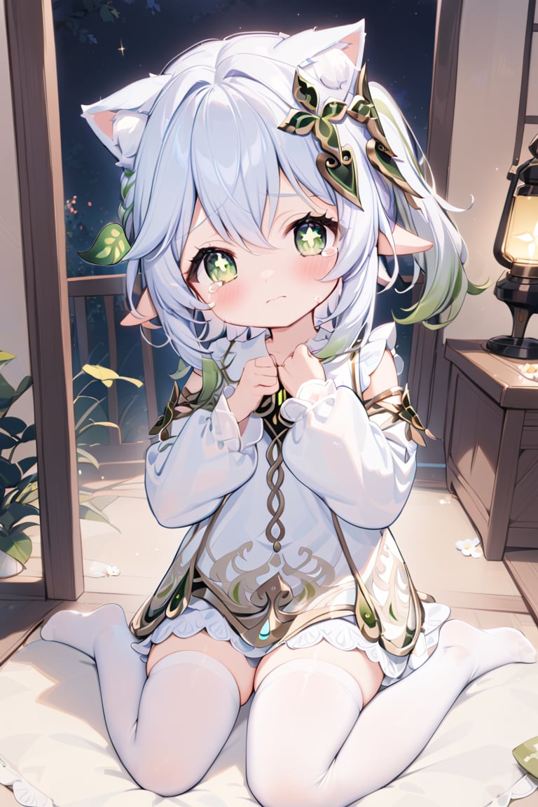 {{{nahida (genshin impact)}}},,,,very aesthetic,warm-toned,White stockings,Petite,cat ears,long sleeves covered hands,wariza,Lace-edged pajamas,crying,tears,{{wiping tears}},night,reverse light,golden light, loli,white stockings