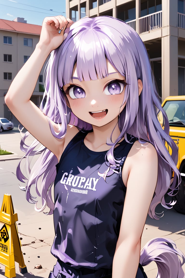 single-family house under construction, person raising both hands, celebrating, joyful expression, construction site, scaffolding, building materials, daytime, realistic, high detail,
one side arm up,

BREAK ((cute eyes)), ((17 years old girl)), 1girl, (light purple hair:1.3), (long hair:1.1), wavy hair:1.1, (flat chest), hime cut, (light purple eyes:1.1), ((cute eyes)), ((;>, ;d)), high school student, smile eys, smile,
((sleeveless T-shirt)), ((pony tail)),