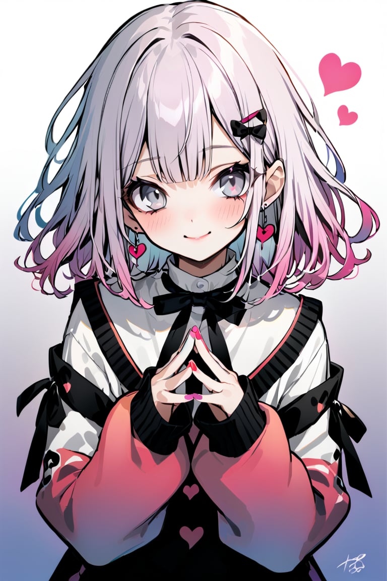 1girl, solo, looking at viewer, blush, smile, bangs, simple background, shirt, hair ornament, long sleeves, white background, bow, jewelry, closed mouth, white shirt, upper body, pink hair, heart, earrings, hairclip, puffy sleeves, signature, nail polish, sweater, gradient, sleeves past wrists, grey eyes, hands up, gradient background, black bow, own hands together, pink nails, puffy long sleeves, striped bow, multicolored nails, steepled fingers