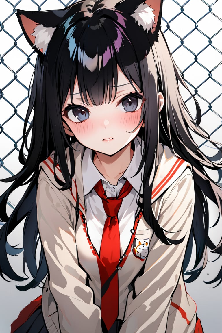 1girl, solo, long hair, blush, bangs, black hair, animal ears, school uniform, necktie, cat ears, black eyes, red necktie, fence, chain-link fence,hue