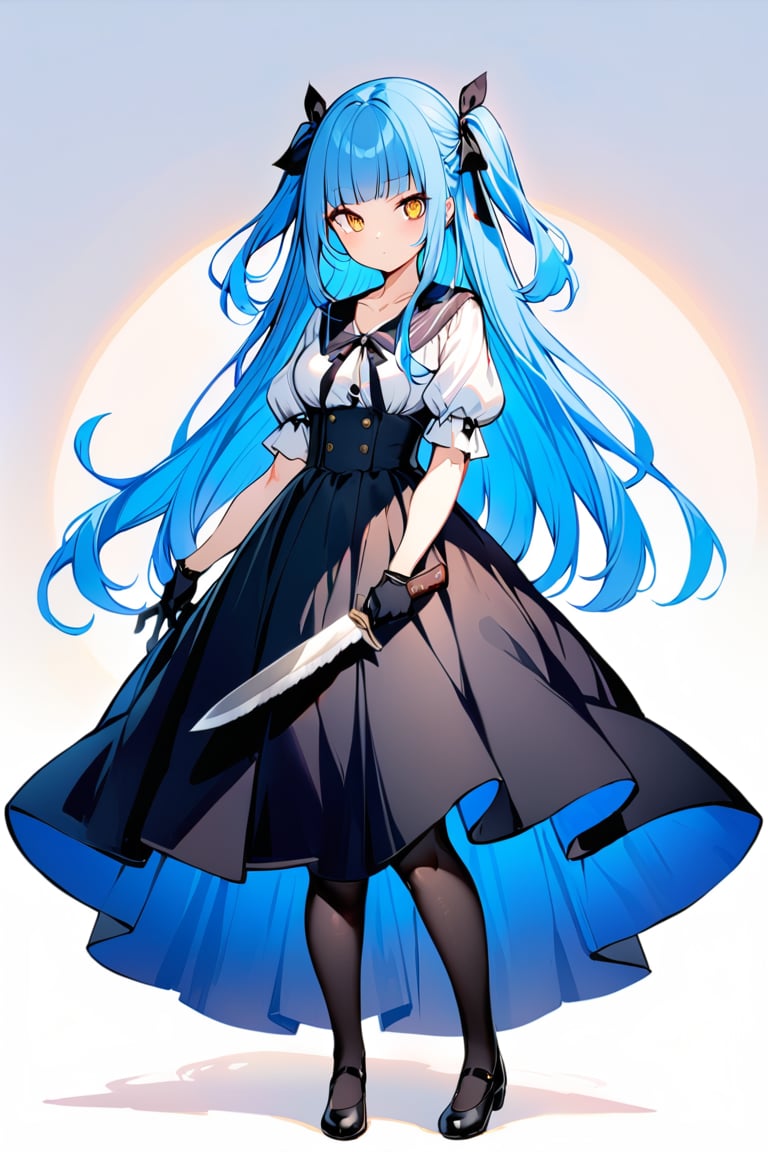 sakiko,1girl, solo, long hair, looking at viewer, blush, bangs, simple background,, ribbon, blue hair, collarbone, hair ribbon, yellow eyes, braid,, blunt bangs, two side up, black ribbon, 1girl, solo, long hair, breasts, looking at viewer, bangs, skirt, simple background, shirt, gloves, long sleeves, white background, ribbon, holding, closed mouth, blue hair, standing, full body, hair ribbon, yellow eyes, weapon, pantyhose, shoes, puffy sleeves, black skirt, black footwear, black pantyhose, black ribbon, heterochromia, knife, high-waist skirt, holding knife, dagger