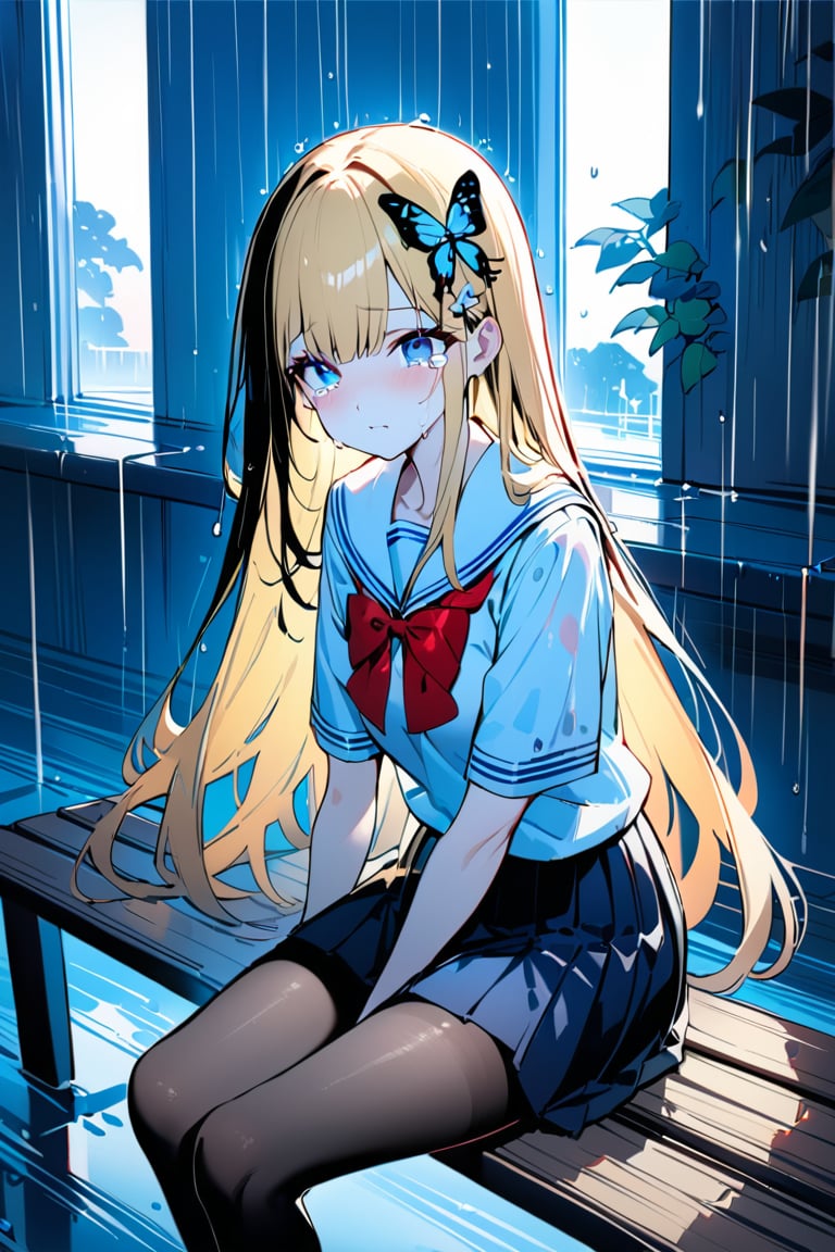 Best quality, very good, 16000, ridiculous, extremely detailed, gorgeous transparent jade butterfly hairpin, background rain outdoor scene ((masterpiece full of fantasy elements))), (((best quality)), ((intricate details)), (anime style), (girl with long blond hair, blue eyes, school uniform with red bow, sitting on a bench), (crying), (pouring rain), (wet hair and clothes), (gloomy atmosphere), (soft lighting), (Tears mixed with rain),black stockings